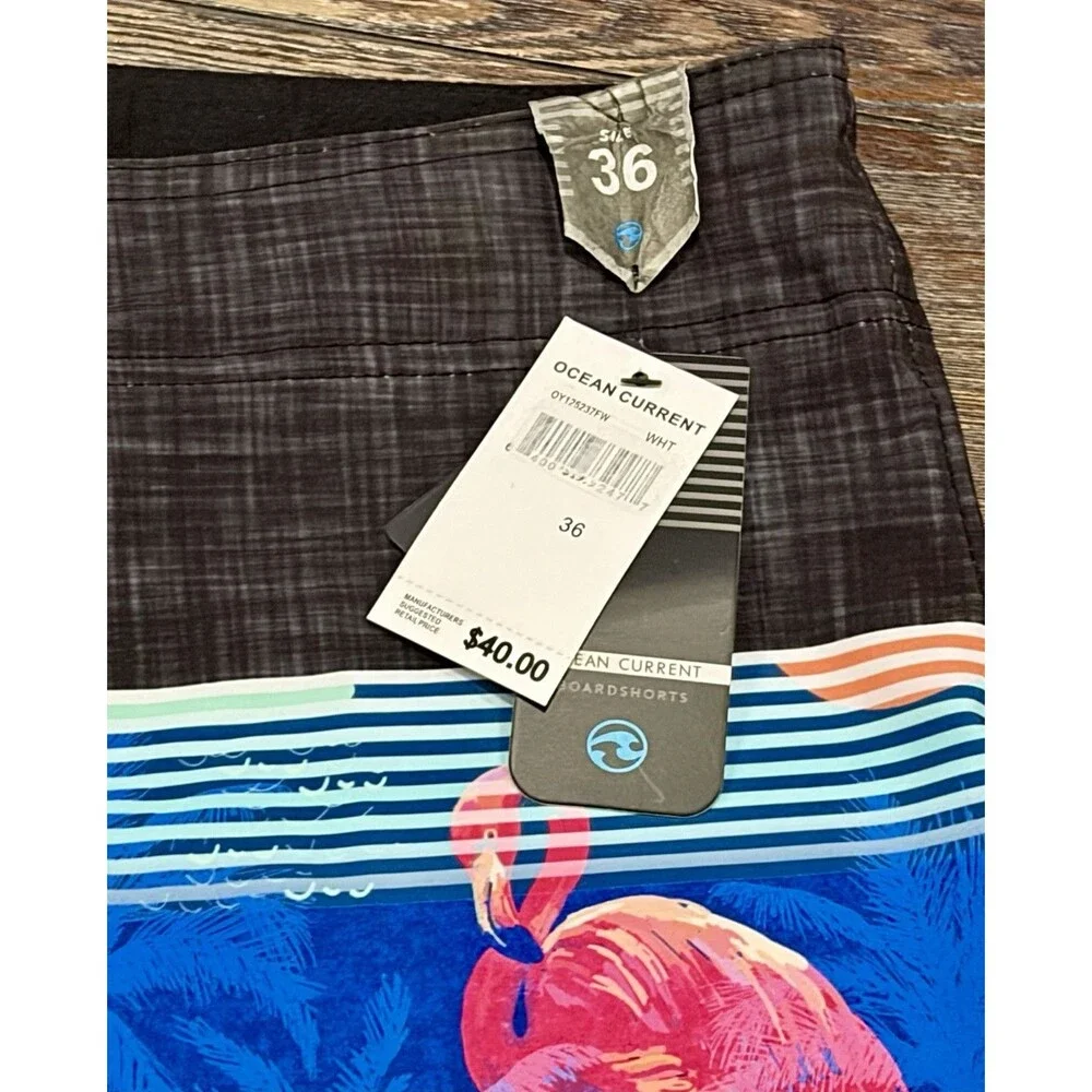 OCEAN CURRENT Stripe Flamingo Swim Board Shorts - Sz 36 Waist - Ret $40 - NWT